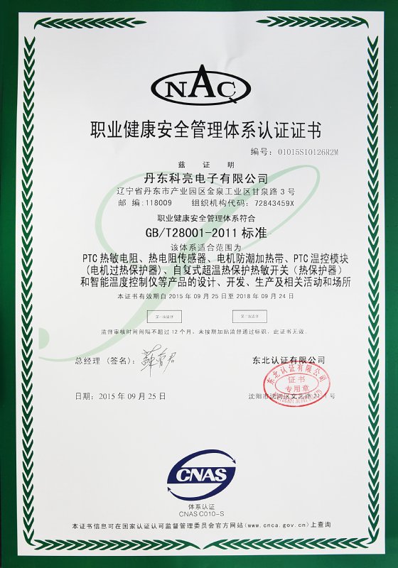 Occupational health and safety management system certification certificate